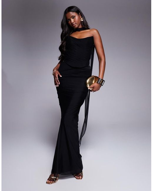 House Of Cb Blue Cassidy Mesh Maxi Skirt With Fluted Hem