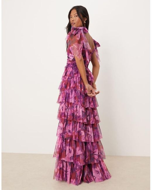 LACE & BEADS Purple Bow Shoulder Tulle Maxi Dress