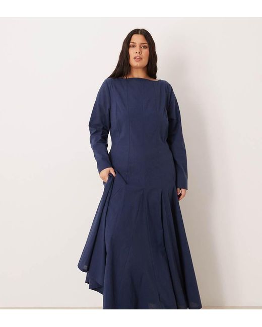 ASOS Blue Asos Design Curve Slash Neck Maxi Dress With Full Skirt