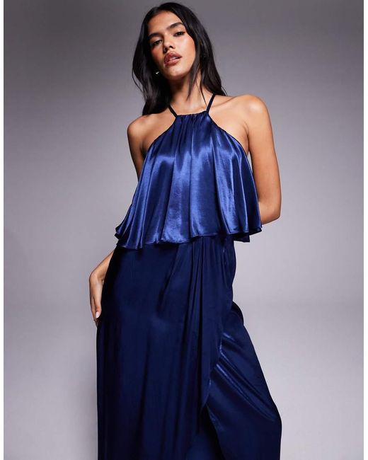 Goddiva Blue Satin Viscose Front Wrap Midaxi Dress
