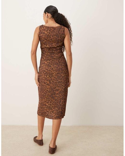 JJXX Brown Satin Leopard Midi Dress