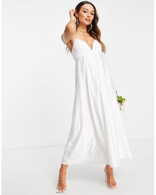 ASOS Satin Cami Midi Wedding Dress With Full Skirt in White - Lyst