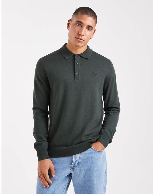 Pull en maille à col polo - kaki Fred Perry pour homme en coloris Gray
