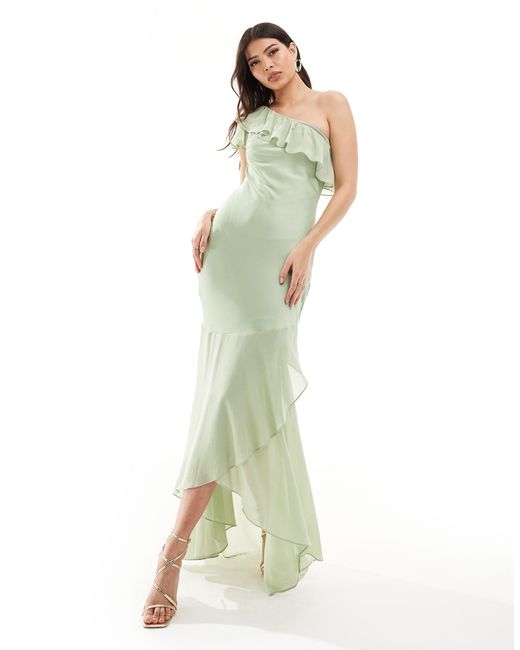 TFNC London Green Bridesmaid Satin One Shoulder Ruffle Maxi Dress