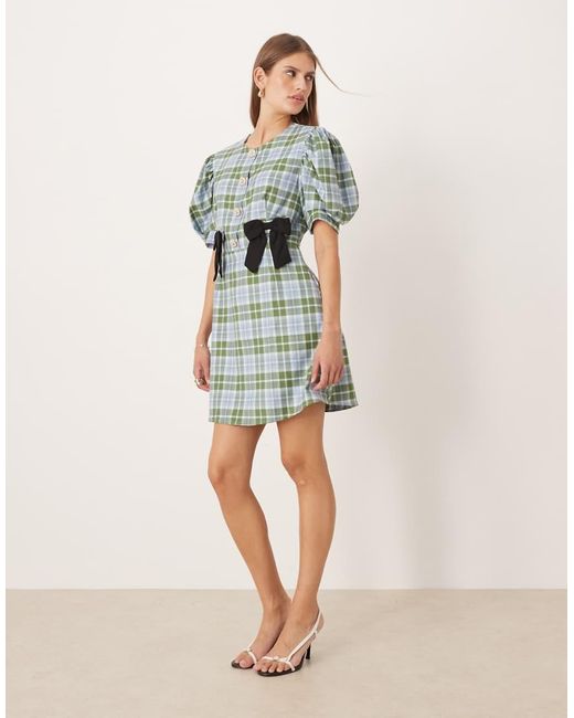 Sister Jane Green Puff Sleeve Tailored Mini Dress With Bow Detail
