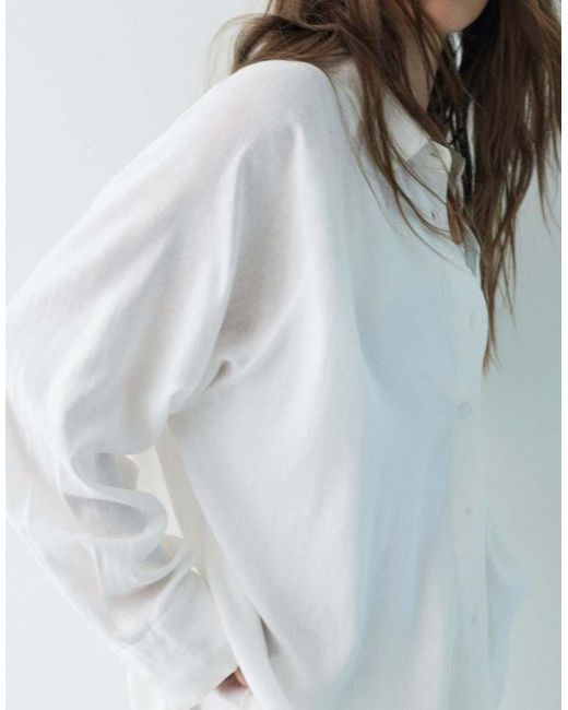 Pull&Bear White Linen Blend Long Sleeve Shirt