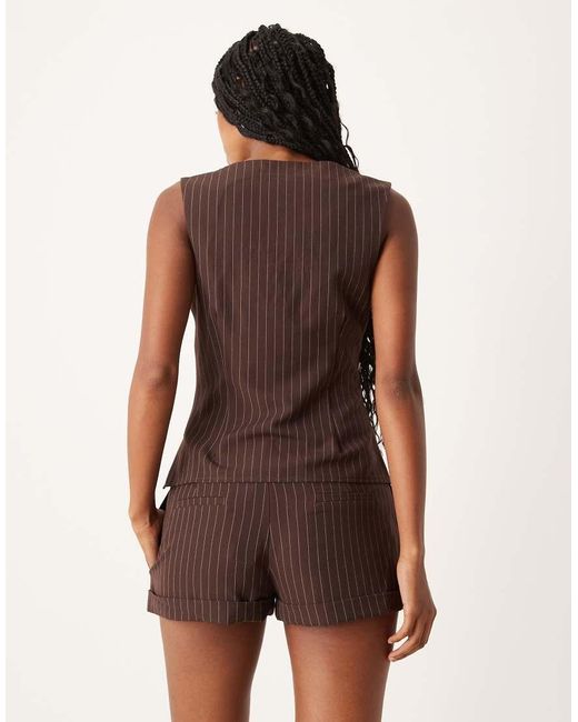 Motel Brown Ganita Scoop Neck Co-ord Button Up Pinstripe Vest