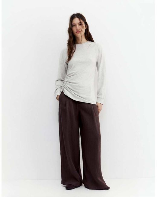 Pull&Bear White Long Sleeve T-shirt With Gathers