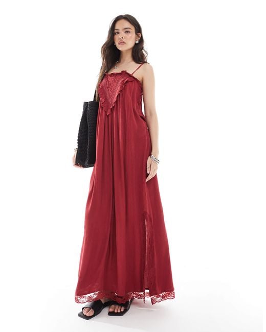 Miss Selfridge Red Lace Detail Maxi Slip Dress