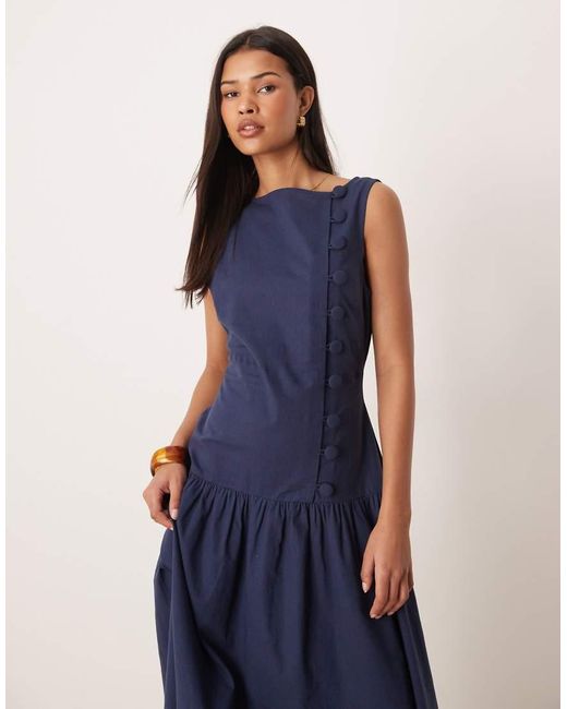 ASOS Blue Slash Neck Asymmetric Waistcoat Maxi Sundress With Dropped Waist