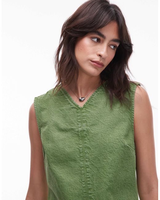 Robe courte en jean à col v TOPSHOP en coloris Green