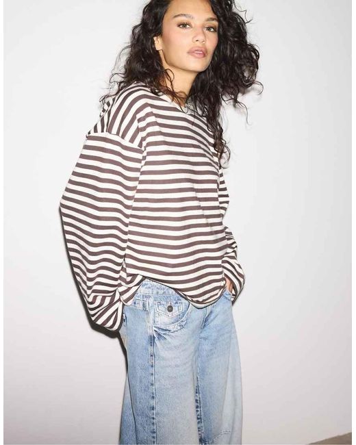 Stradivarius Blue Oversize Striped Long Sleeve T-Shirt