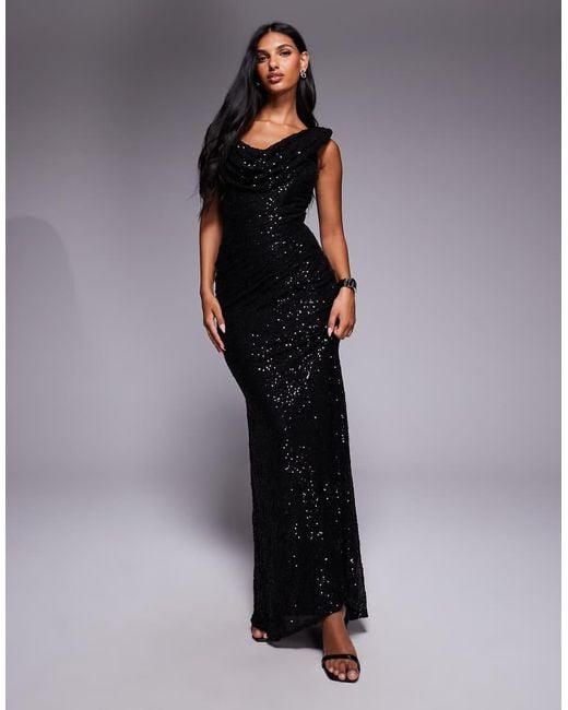 Goddiva Black Sequin Cowl One Shoulder Maxi Dress