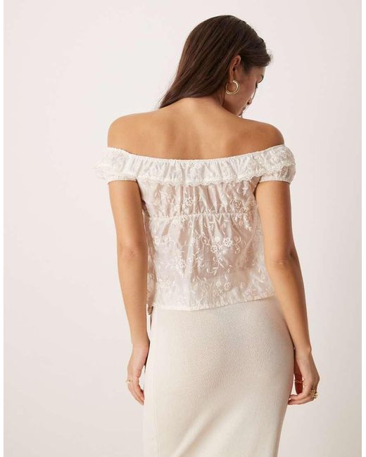 Motel Natural Shogo Flocked Floral Off Shoulder Top