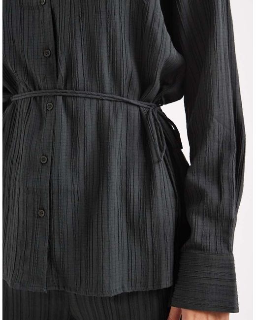 Vero Moda Black Tie Waist Oversized Plisse Shirt Co-Ord