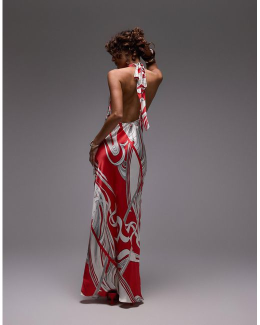 Robe longue à encolure américaine avec imprimé boutique TOPSHOP en coloris Red