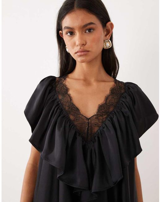 ASOS Black V Neck Satin Ruffle Mini Dress With Lace Trim