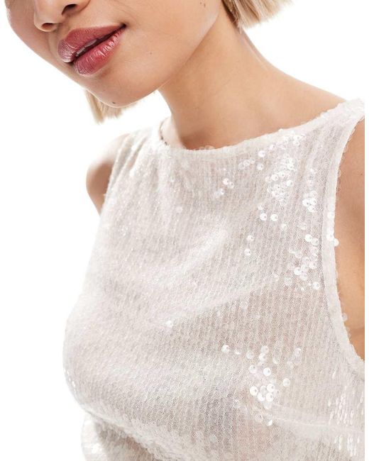 Vestito Corto Asimmetrico Avorio Trasparente Con Paillettes di Collusion in White