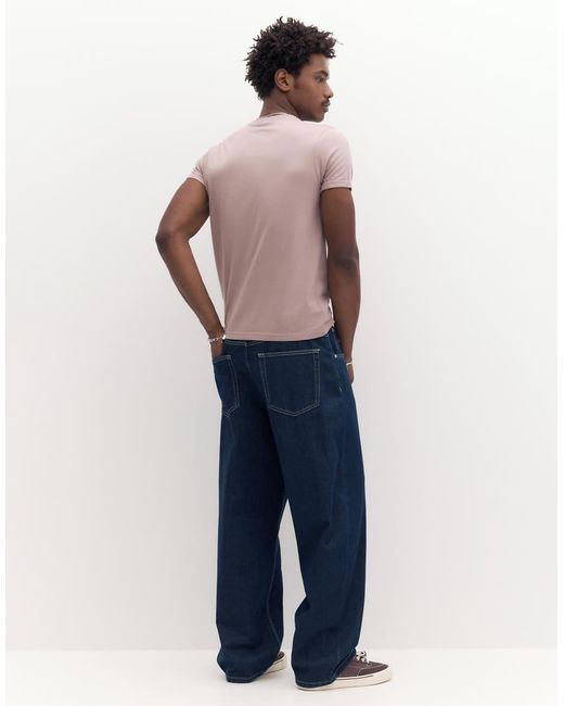Pull&Bear Blue Basic Muscle Fit T-Shirt for men