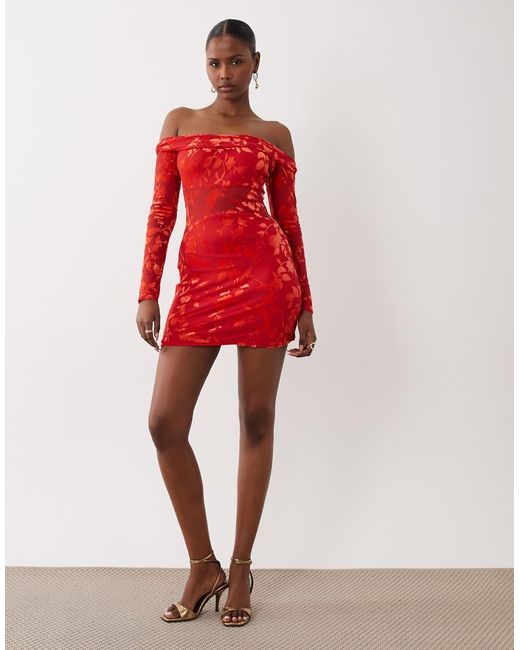 TFNC London Red Devoure Bardot Off Shoulder Long Sleeve Mini Dress