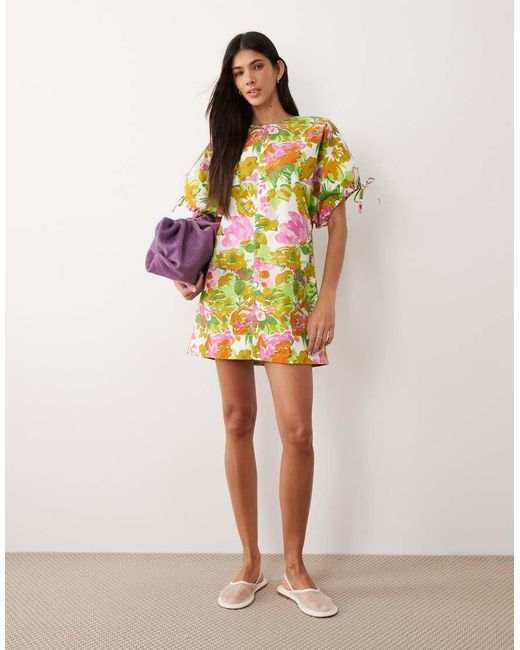 ASOS Multicolor Crew Neck Mini Dress With Tie Sleeve Detail