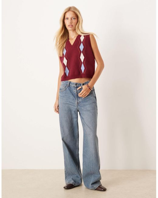ASOS Red Fine Knit Button Down Tank With Argyle Pattern