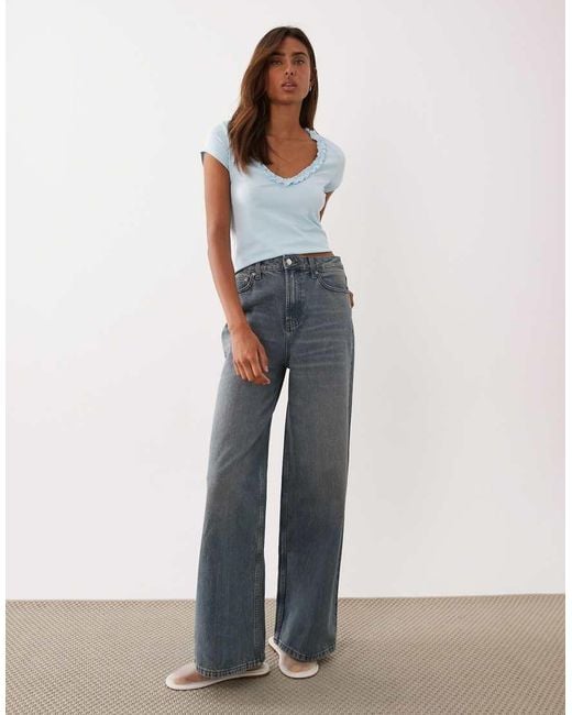 Miss Selfridge Blue V Front Tshirt With Ruffle Detail