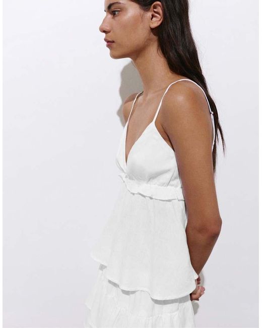 Pull&Bear White Linen Blend Ruffled Top