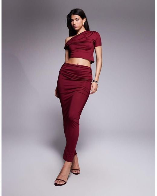 The Frolic Red Exclusive Double Sculpted Slinky Off Shoulder Twist Detail Asymmetric Crop Top