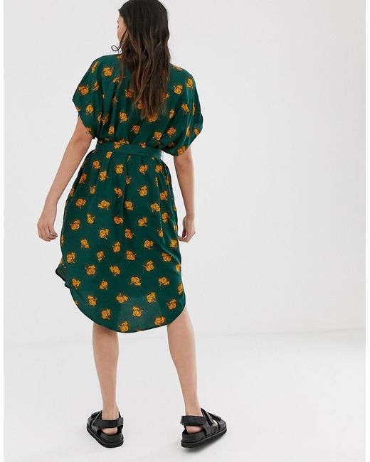 Monki Green Cat Print Tie Waist Shirt Dress