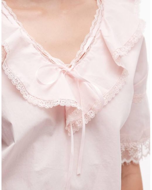 Daisy Street Pink Boxy Blouse With Tie Collar And Lace Edging
