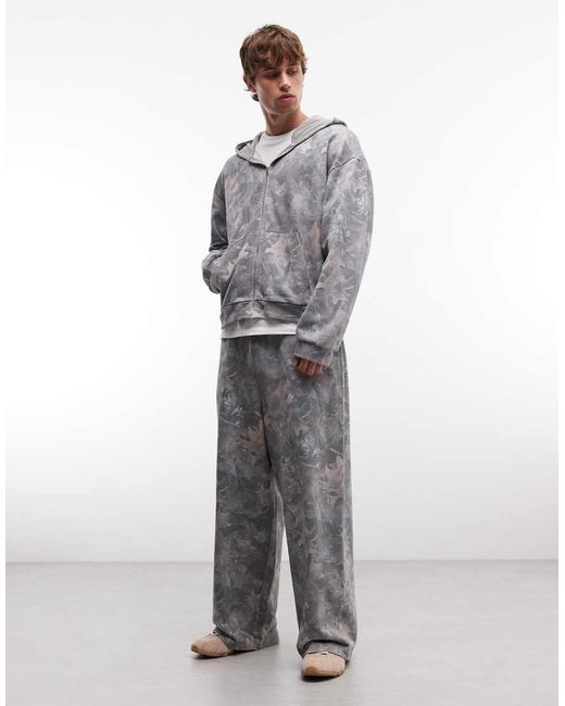 ASOS Gray Co-Ord Oversized Boxy Washed Camo Zip Through Hoodie for men