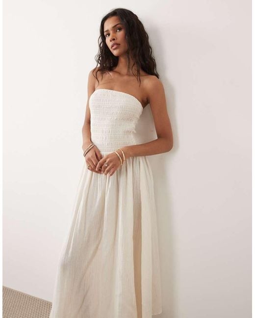 Brave Soul Natural Cheesecloth Strapless Midi Dress With Shirred Bodice