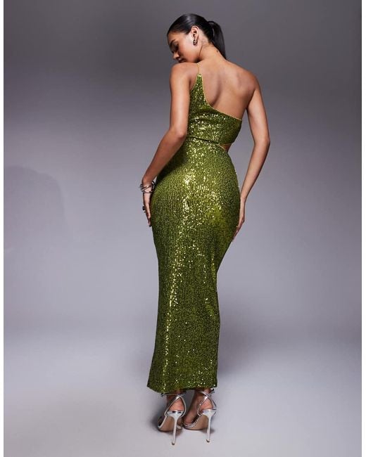 ASOS Green All Over Sequin One Shoulder Faux-ord Midi Dress