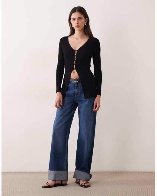 Miss Selfridge Blue Ribbed Button Through Knitted Longline Cardigan
