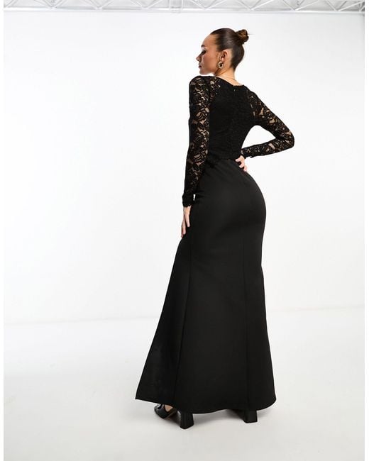TFNC London Black Long Sleeve Maxi Dress With Lace Insert