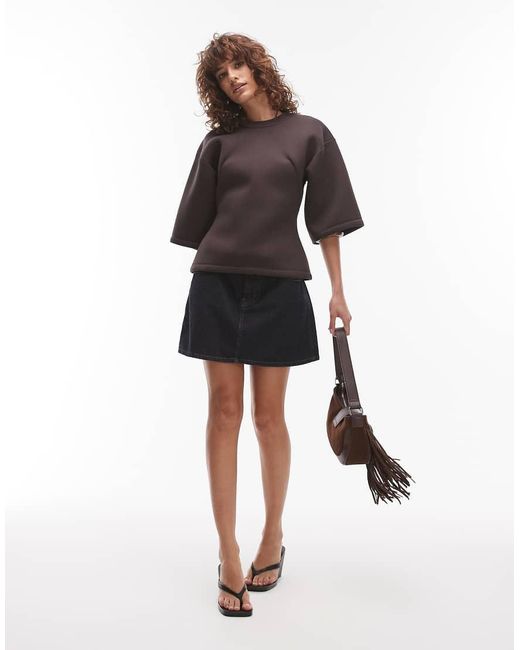 TOPSHOP Top Van Scubastof Met Structuur En Korte Mouwen in het Brown