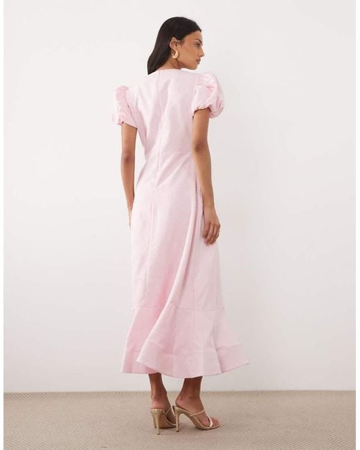 Sister Jane Pink Jacquard Puff Sleeve Structured Hem Midi Dress