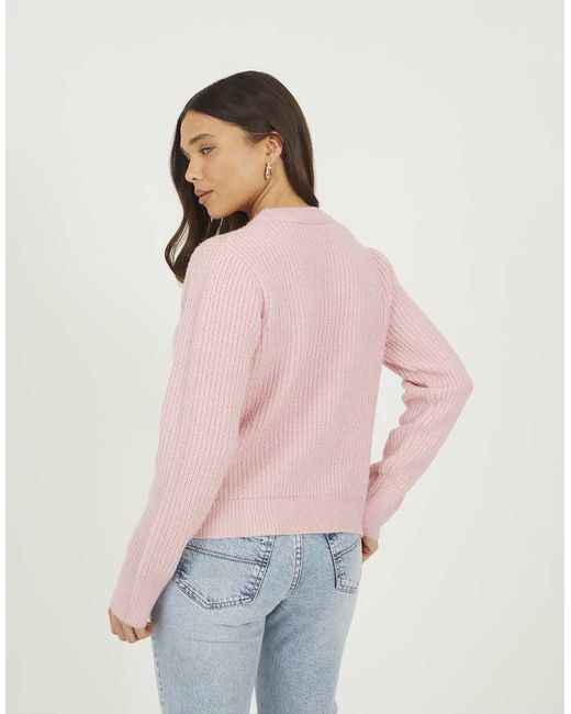 Brave Soul Pink Crew Neck Jumper With Jewel Bow Detail