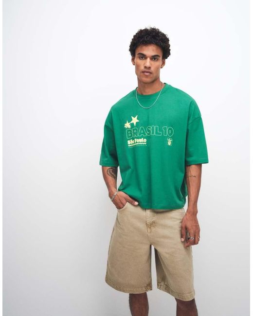 ASOS Green Boxy Oversized T-shirt With Brazil Soccer Print for men