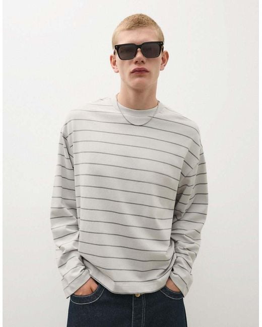 Bershka Gray Long-Sleeved Stripe Print T-Shirt for men