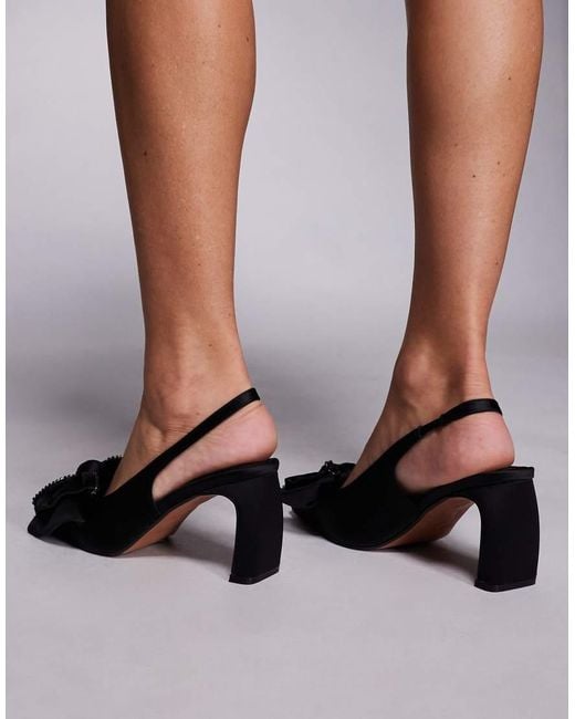 River Island Black Satin Embellished Bow Detail Low Court Heel