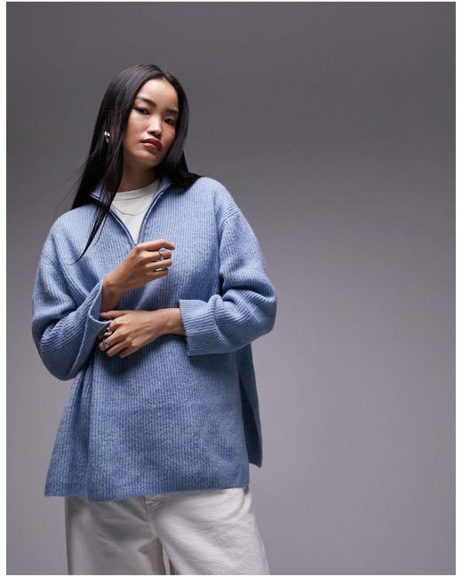 TOPSHOP Blue Knitted Longline Sweater With Zip Up Funnel