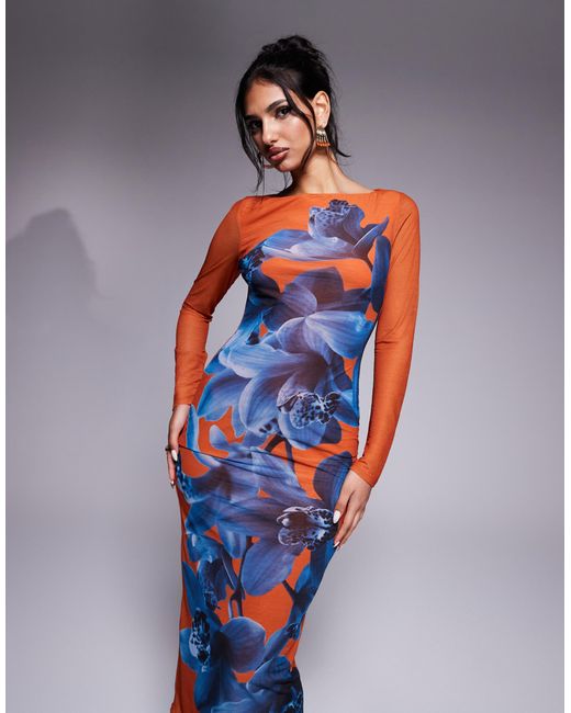 DASKA Blue Fitted Maxi Dress With Placement Print