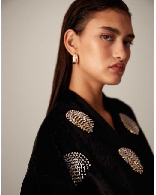 ARRANGE Black Velvet Wrap Mini Dress With Spot Embellishment