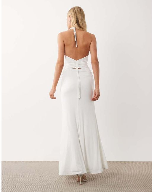 I.AM.GIA White Astraea Slinky Square Halterneck Studded Side Detail Low Back Fishtail Hem Maxi Dress
