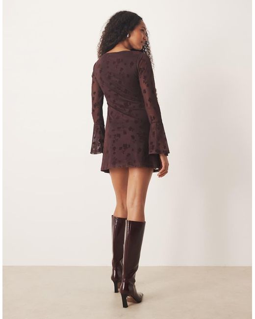 ASOS Brown Flocked Floral Mini Dress With Flute Sleeve