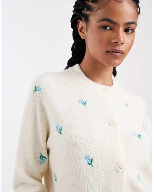 Threadbare White Contrast Stitch Cardigan With All Over Floral Embroidery