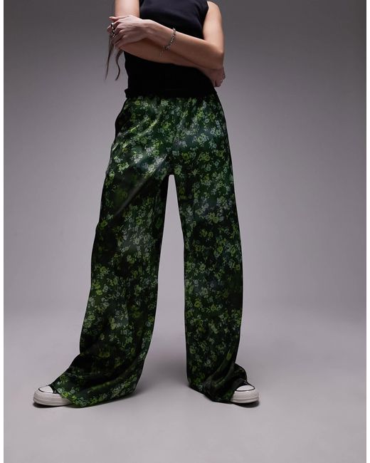 TOPSHOP Green Satin Print Wide Leg Pull On Pants