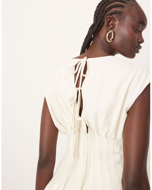 ARRANGE Natural Premium Structured Linen Pleat Waist Midi Dress With Tie Back Detail